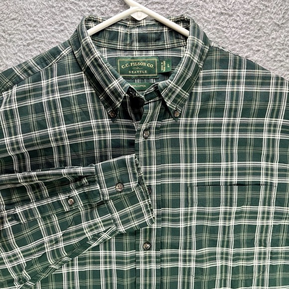 Vintage C C Filson Seattle Shirt Mens Large Green Plaid Lightweight Long Sleeve - Picture 2 of 9